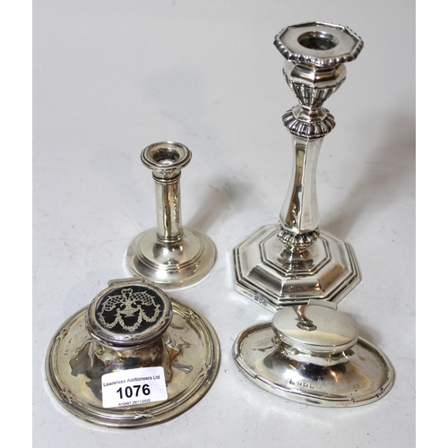 1076 - Small Birmingham silver oval capstan inkwell, another with pique work lid (at fault), and two silver... 