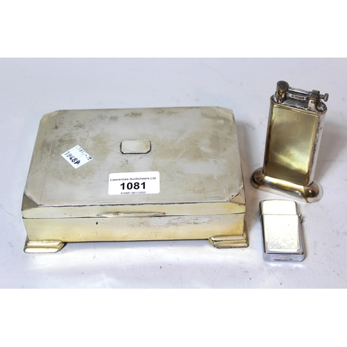 1081 - Birmingham silver mounted cigarette box, a Dunhill plated table lighter and another cigarette lighte... 