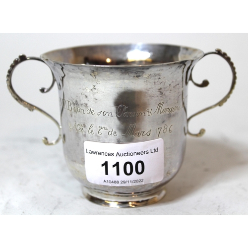 1100 - Small 18th Century silver two handled porringer, possibly Scottish, with a French inscription, maker... 