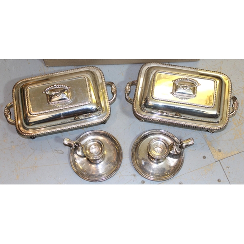 1107 - Pair of good quality rectangular plated entrée dishes with covers and stands, plated meat dish cover... 