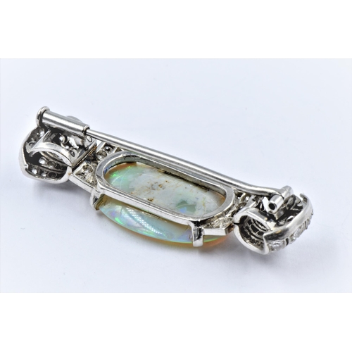 1129 - Art Deco unmarked high carat white metal opal and diamond brooch, overall width approximately 40mm, ... 