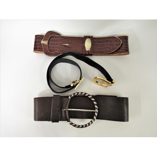 117 - Aigner black leather logo belt, size 80, Max Mara Sportmax brown leather belt and a Kim Hadleigh lea... 