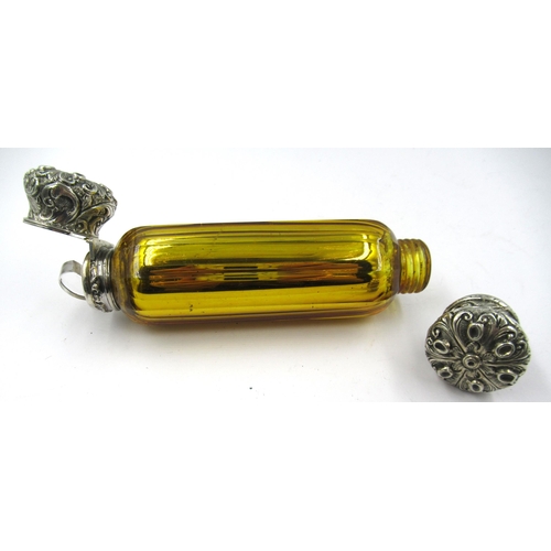 1198 - 19th Century unmarked white metal and amber glass double-ended scent bottle, with mirrored interior,... 