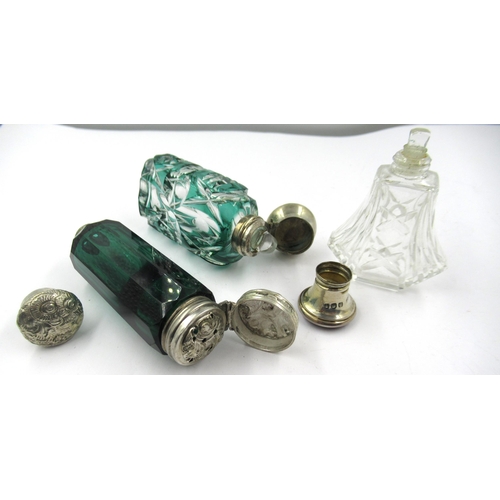 1199 - 19th Century green glass double-ended scent bottle/ vinaigrette, together with two other scent bottl... 