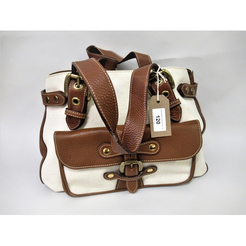 120 - J & M Davidson, beige canvas satchel style shoulder bag with tan grained leather trim and gold tone ... 