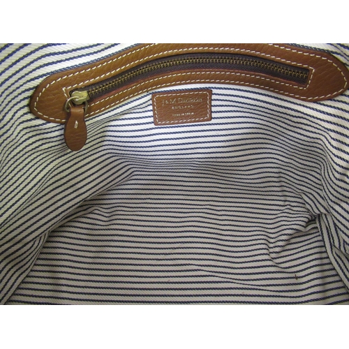 120 - J & M Davidson, beige canvas satchel style shoulder bag with tan grained leather trim and gold tone ... 