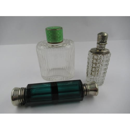 1204 - 19th Century green glass double-ended scent bottle, 11.5cm long, together with two other scent bottl... 