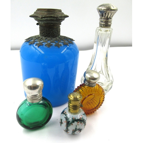 1206 - 19th Century blue glass and gilt metal mounted scent bottle, 4ins high, together with four other var... 