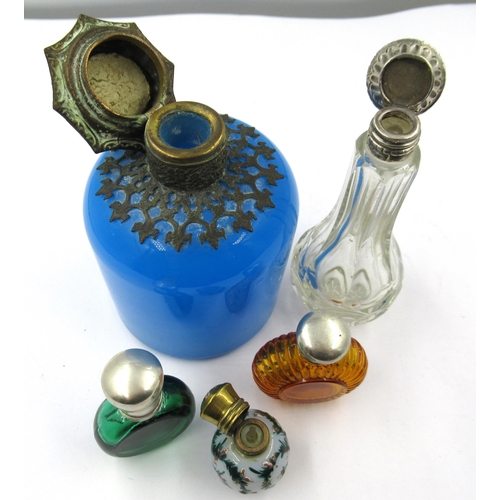 1206 - 19th Century blue glass and gilt metal mounted scent bottle, 4ins high, together with four other var... 