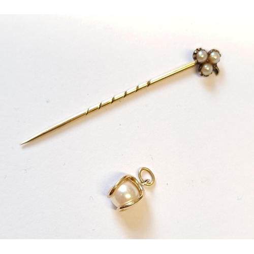 1216 - Yellow metal split seed pearl set stick pin, cultured pearl necklace with 9ct gold clasp, and a pear... 