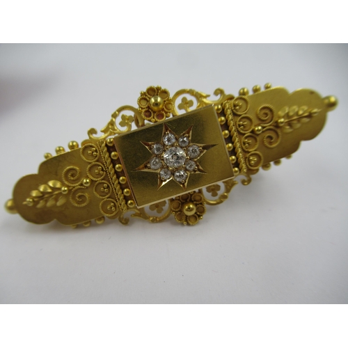 1251 - Victorian 15ct gold and old cut diamond set brooch, 52mm wide, 10.5gms