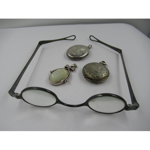 1265 - Silver cased fob watch, silver locket, swivel pendant and a pair of antique silver spectacles