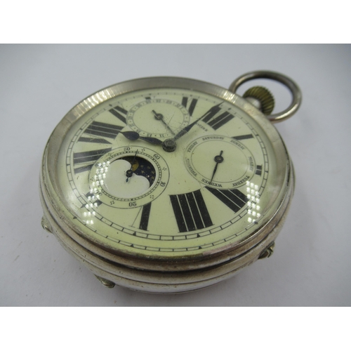 1266 - Silver cased goliath pocket watch with moonphase calendar dial in a silver mounted leather case with... 