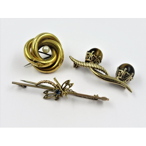 1287 - 9ct Gold dragonfly bar brooch, 9ct gold tigers eye set bar brooch and a Victorian circular yellow me... 