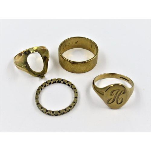 1288 - 9ct Gold signet ring together with a 9ct gold wedding band an eternity ring and a gold ring mount (m... 