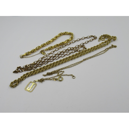 1317 - Three various 9ct gold chains, together with a small 18ct gold pendant, and a 9ct gold bracelet, 22g... 