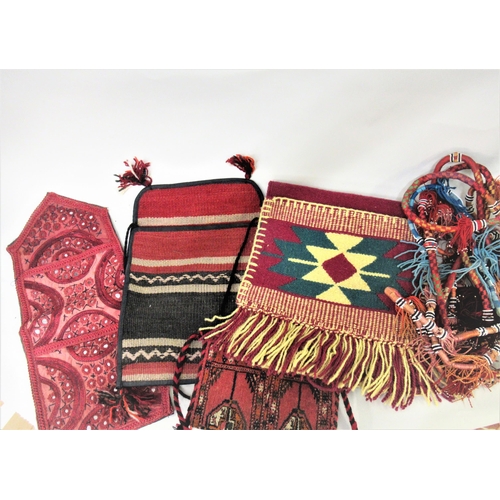 133 - Two Kelim flatweave bags, similar small carpet bag, an Indian sequin decorated two pocket bag and a ... 