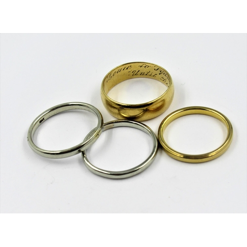 1330 - Three 18ct gold wedding bands, 10g, together with another wedding band