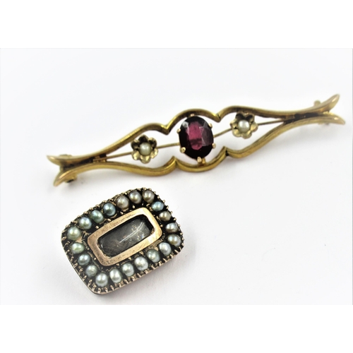 1331 - Small early Victorian rectangular seed pearl memorial brooch, together with 9ct gold bar brooch