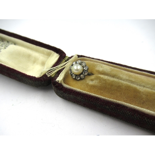 1341 - Victorian stick pin set single pearl and rose cut diamonds, in fitted case