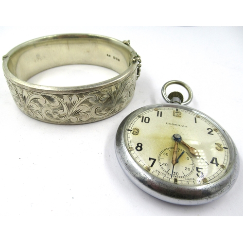 1344 - Steel cased pocket watch, inscribed Leonidas, MOD mark to back, engraved G.S.T.PN5217, together with... 