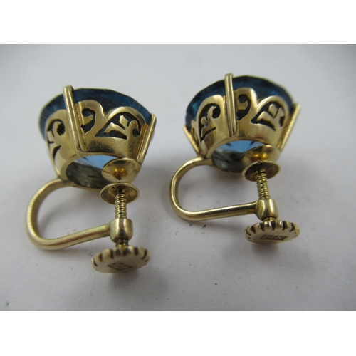 1354 - Pair of 14ct gold blue stone set screw fitting earrings, gross weight 6.5g