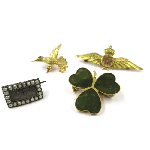 1367 - 14ct Gold kingfisher brooch, small 19th Century memorial brooch, a 9ct gold RAF brooch and a 9ct gol... 