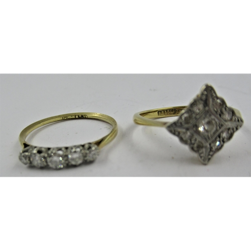 1368 - 18ct Gold five stone diamond ring, together with an 18ct gold and platinum square diamond set ring