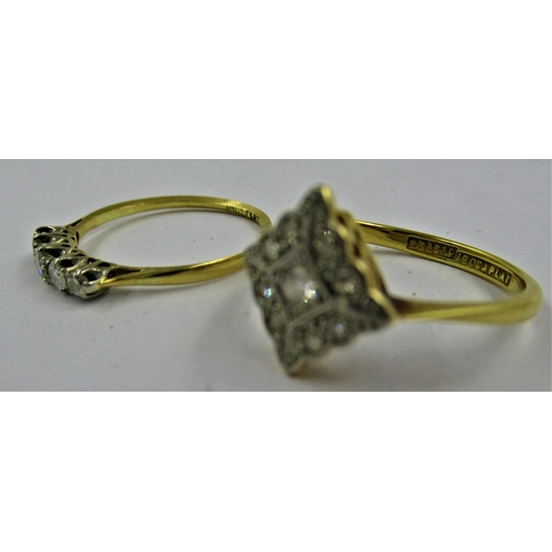 1368 - 18ct Gold five stone diamond ring, together with an 18ct gold and platinum square diamond set ring