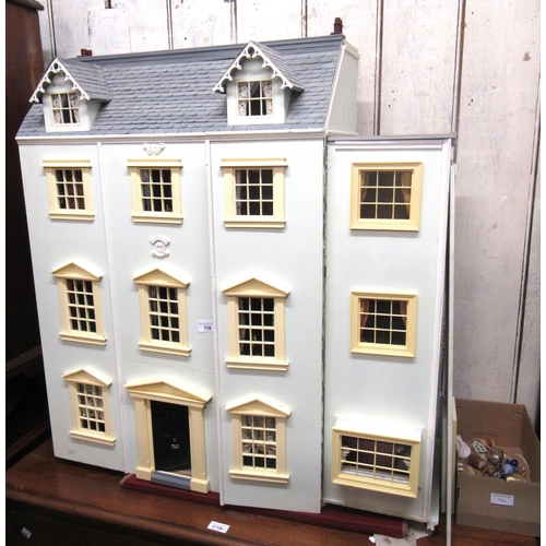 138 - Large pale blue painted wooden dolls house in Georgian style, 87cm high x 82cm wide x 32cm deep