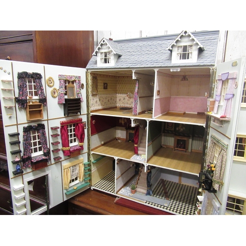 138 - Large pale blue painted wooden dolls house in Georgian style, 87cm high x 82cm wide x 32cm deep