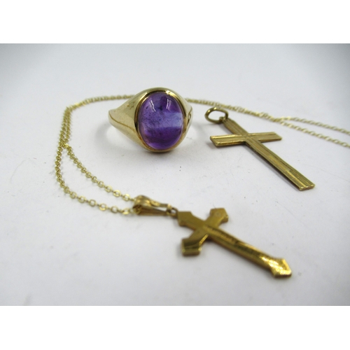 1380 - 9ct Gold and cabochon amethyst set ring, together with three 9ct crosses and a fine chain, 8g gross