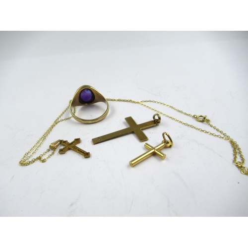 1380 - 9ct Gold and cabochon amethyst set ring, together with three 9ct crosses and a fine chain, 8g gross