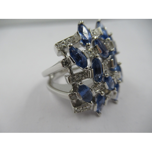 1384 - Alfieri & St. John, large 18ct white gold ring set multiple diamonds and sapphires, size 'M.5'