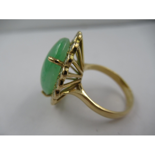 1388 - Large French 18ct yellow gold jade and diamond set cocktail ring, size 'O'