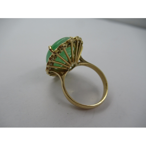 1388 - Large French 18ct yellow gold jade and diamond set cocktail ring, size 'O'