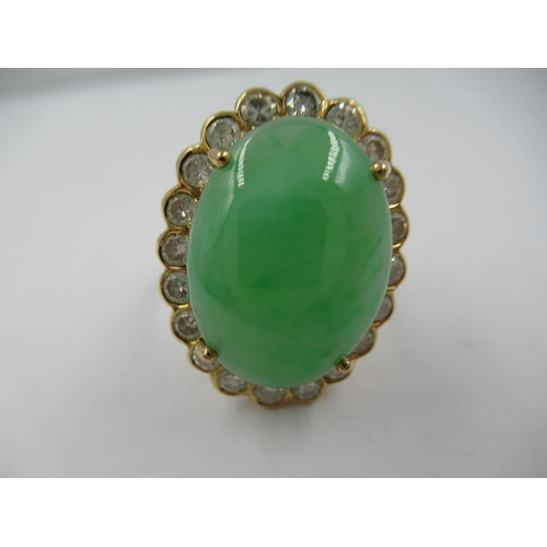 1388 - Large French 18ct yellow gold jade and diamond set cocktail ring, size 'O'