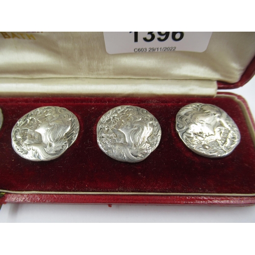 1396 - Boxed set of six late Victorian silver buttons, each cast with a portrait of a girl