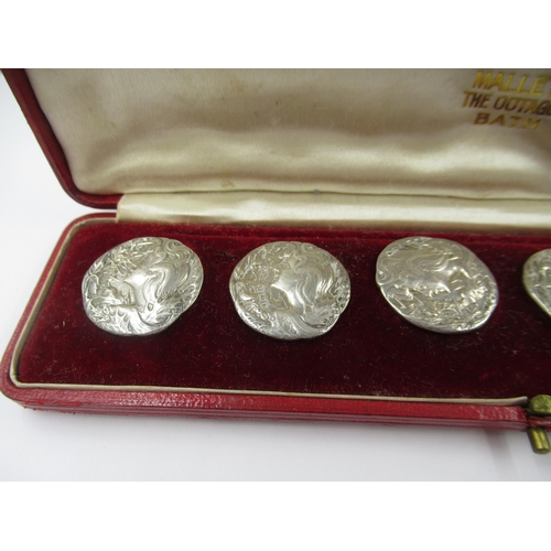 1396 - Boxed set of six late Victorian silver buttons, each cast with a portrait of a girl