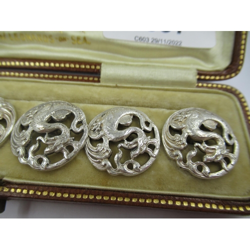 1397 - Boxed set of six Chinese silver dragon motif buttons