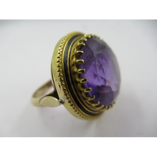 1408 - Large Victorian circular 9ct gold amethyst set dress ring, size 'L'