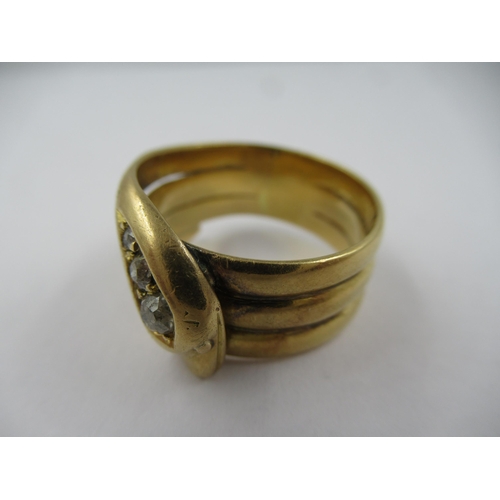 1413 - 19th Century gold serpent ring with diamond set head. size 'R'