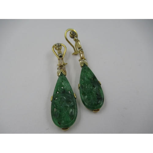 1419 - Pair of 18ct yellow gold diamond and carved jade drop earrings, 53mm in height, 8.8g