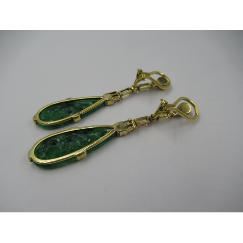 1419 - Pair of 18ct yellow gold diamond and carved jade drop earrings, 53mm in height, 8.8g