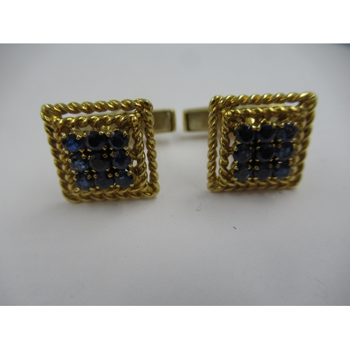 1424 - Cartier, pair of 18ct yellow gold sapphire set cufflinks of square stepped design, with original box