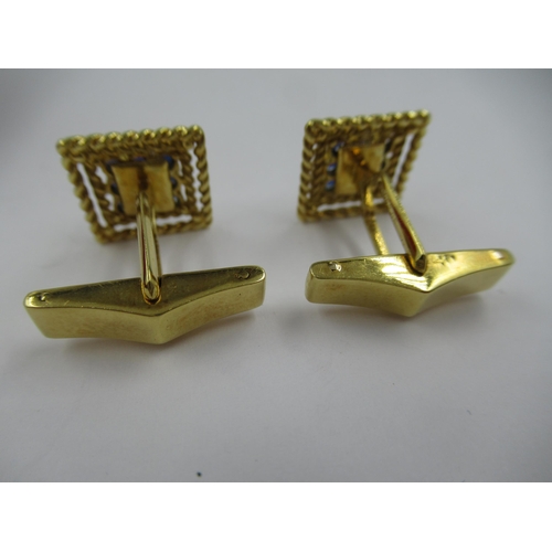 1424 - Cartier, pair of 18ct yellow gold sapphire set cufflinks of square stepped design, with original box