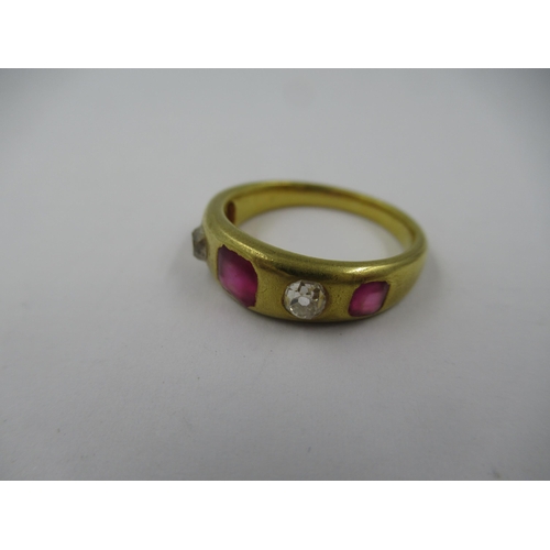 1427 - 19th Century gold five stone ruby and diamond set gypsy ring, 6g, size 'K.5'