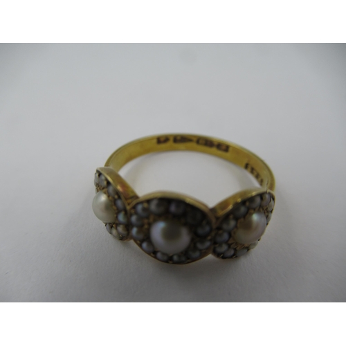 1430 - 19th Century 18ct gold pearl triple cluster ring, size 'K'