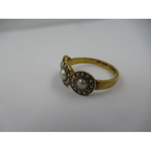 1430 - 19th Century 18ct gold pearl triple cluster ring, size 'K'