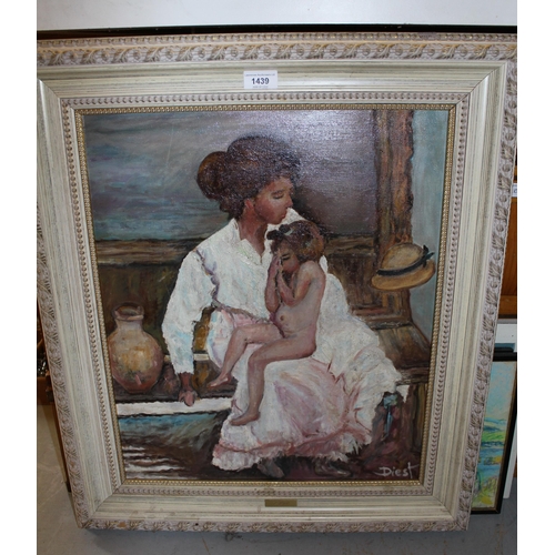 1439 - F. Diest, oil on canvas, mother and child in an interior, signed Diest, 21ins x 18ins approximately,... 